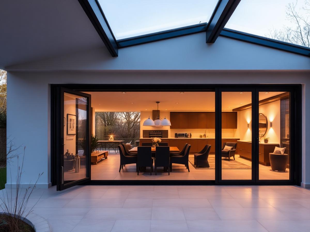 Open aluminium bifold doors leading from a modern kitchen onto a terrace