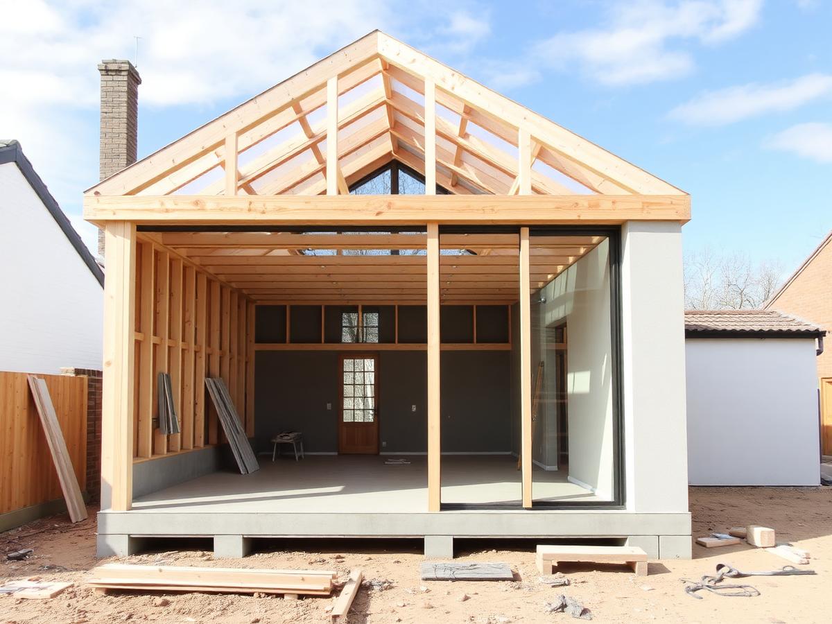 Modular home extension under construction using prefabricated insulated panels