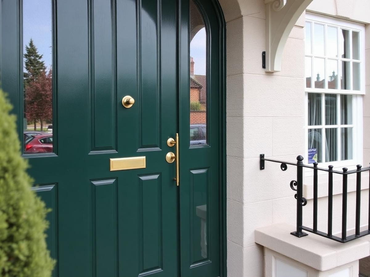 Heritage green solid timber entrance door with polished brass hardware