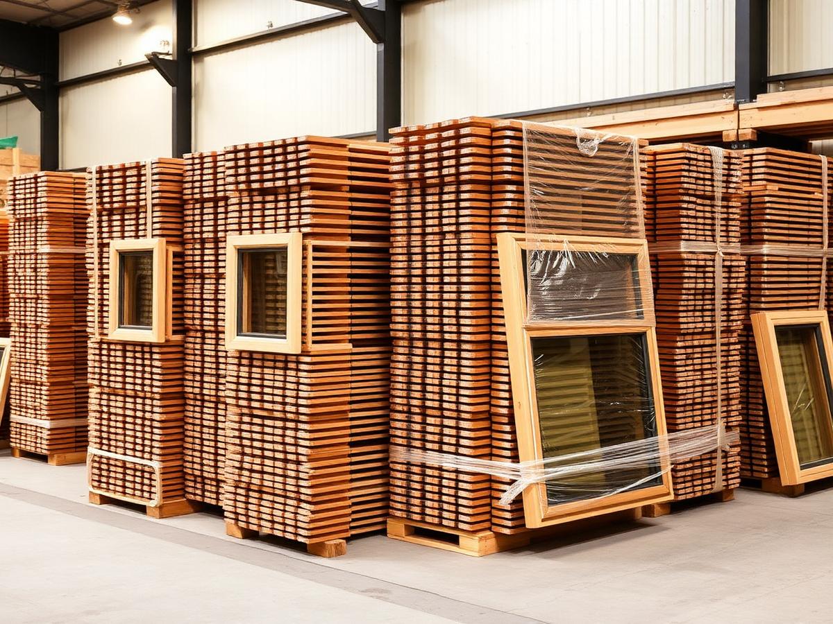 Stacks of made-to-measure timber window frames wrapped for trade dispatch