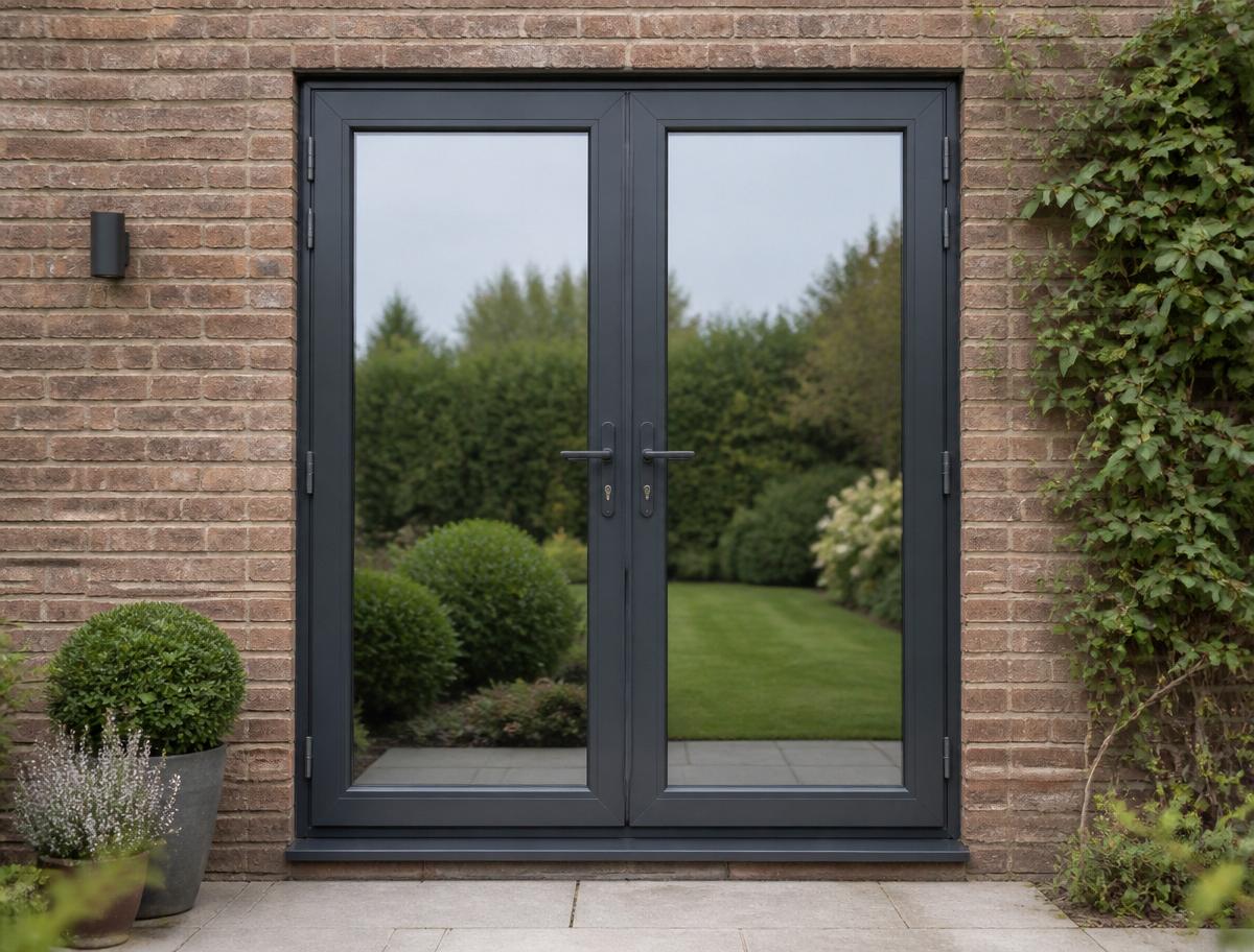 Anthracite grey uPVC French doors opening onto a landscaped garden